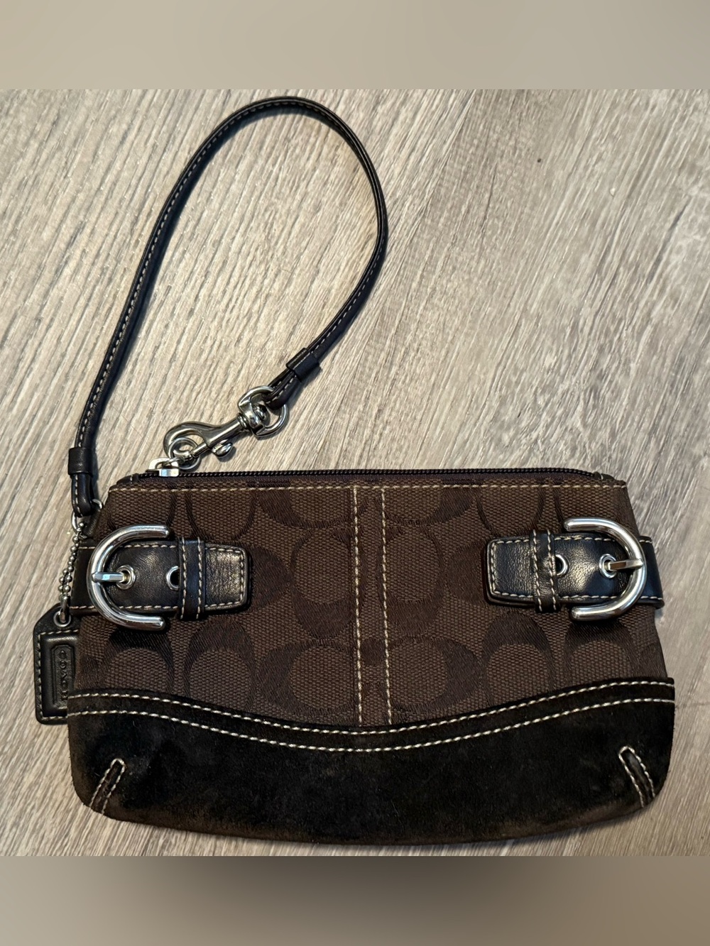 Coach Signature Brown Buckle Accent Wristlet Leather Purse